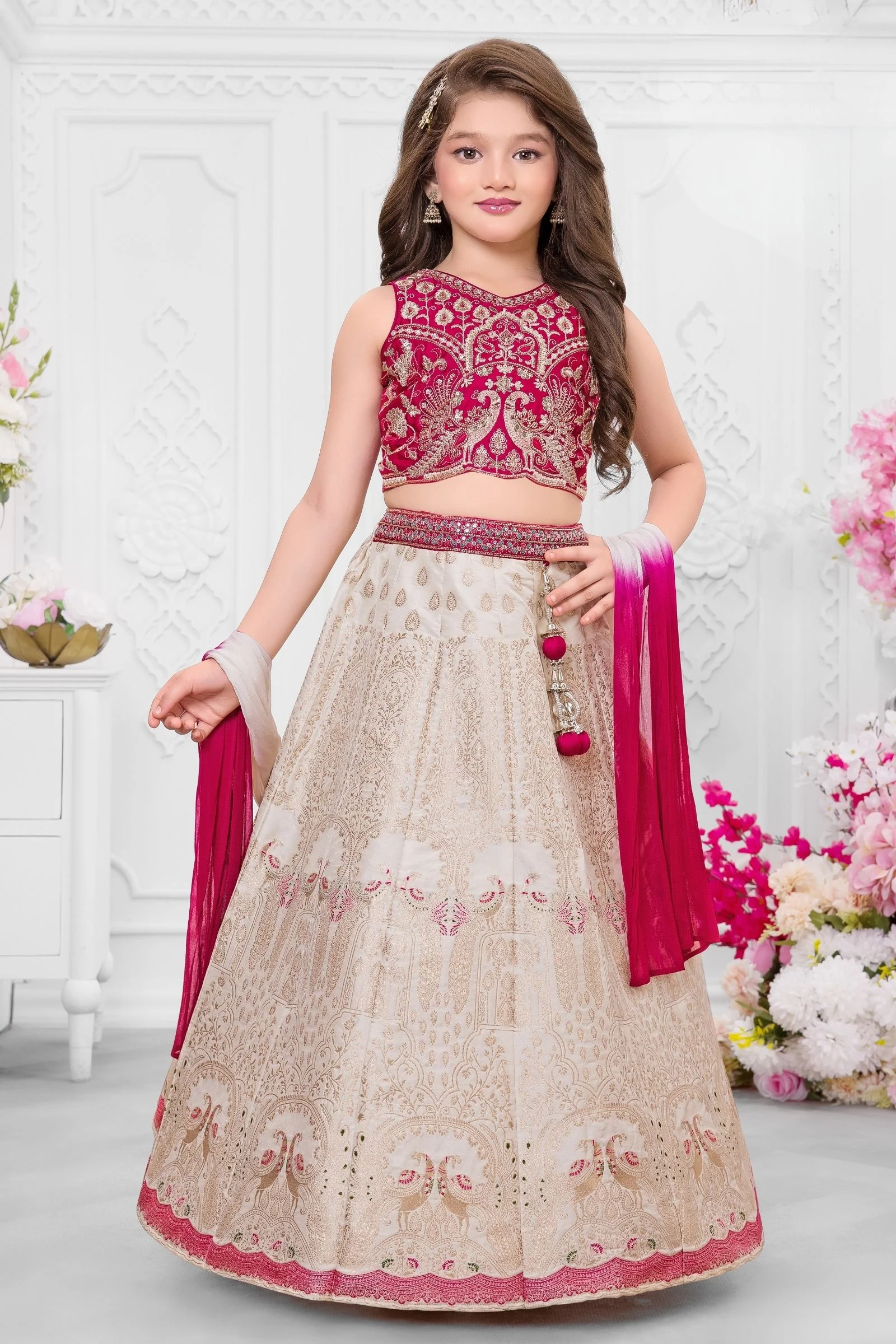 Rani Pink with Cream Beads, Zari and Sequins work Lehenga Choli